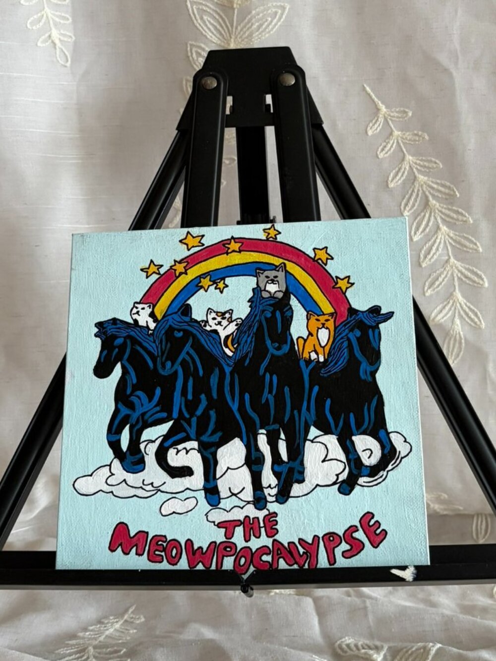 Hand Painted The Meowpocalypse Cat Horse Rainbow Canvas 8x8